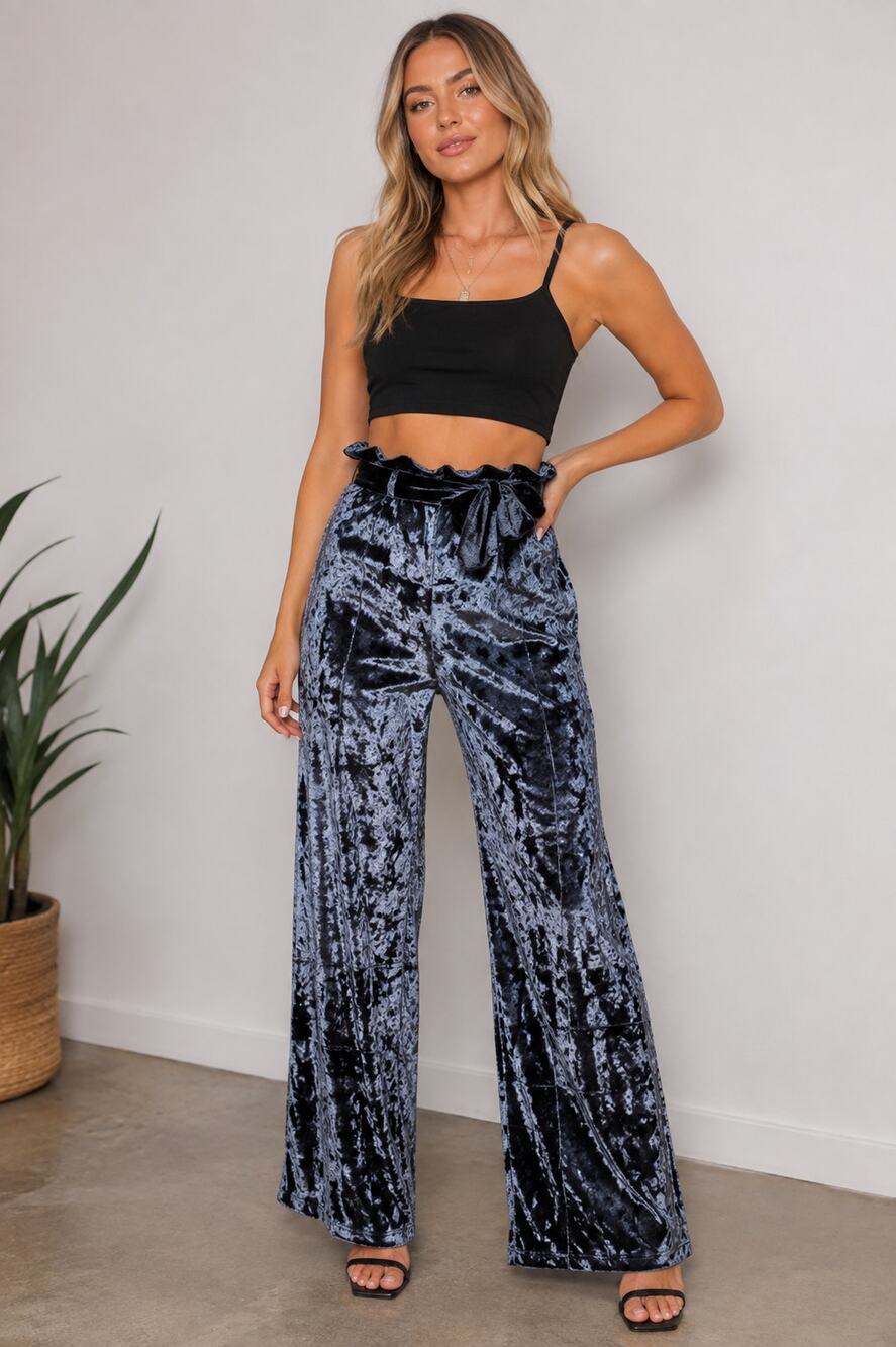 In The Style Blue Crushed Velvet Wide Leg Pants Size 10